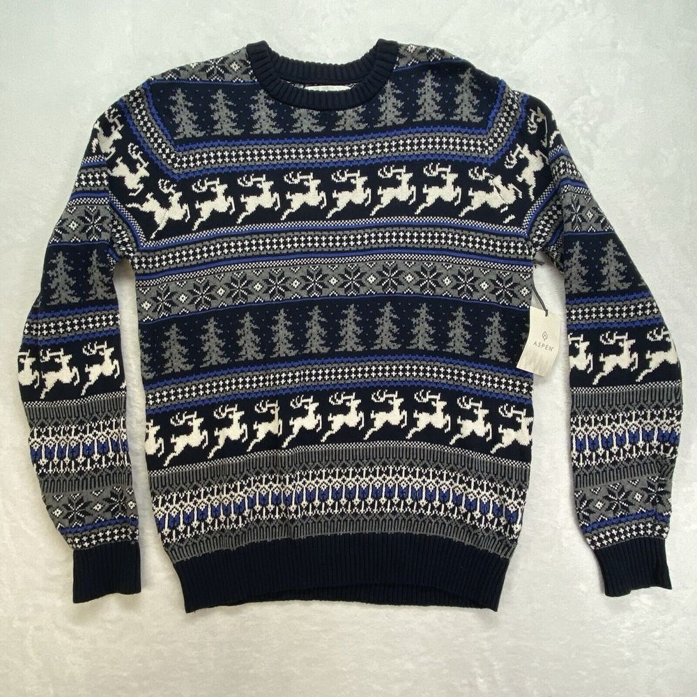 Aspen Sweater Mens Medium Blue Gray Deer Snowflake Stripe Ski‎ Christmas Cotton